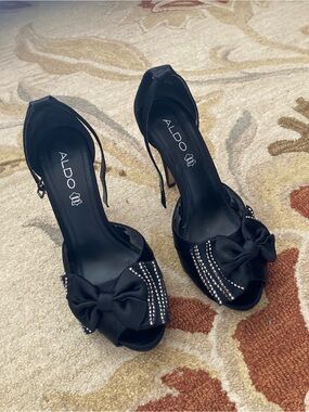 ALDO Black Rhinestone Bow Peep-Toe Heels